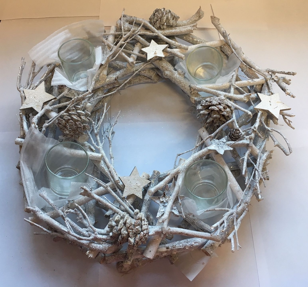 Adventní věnec pr.40cm + ozdoby/sklo